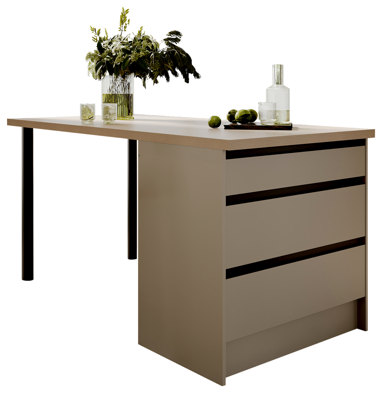 Smartkitchen Kücheninsel TROJA Moderne Kücheninsel mit drei Schubladen, dekoriert mit Pflanzen und Gläsern, seitliche Perspektive