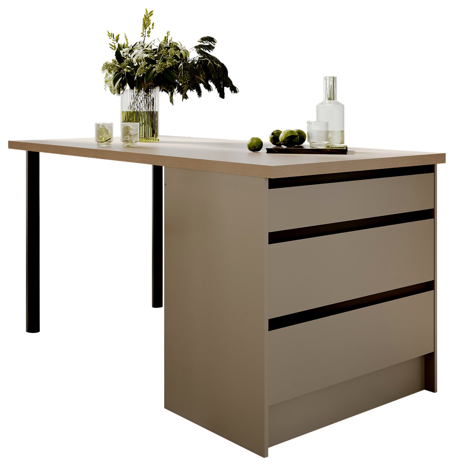 Smartkitchen Kücheninsel TROJA Moderne Kücheninsel mit drei Schubladen, dekoriert mit Pflanzen und Gläsern, seitliche Perspektive