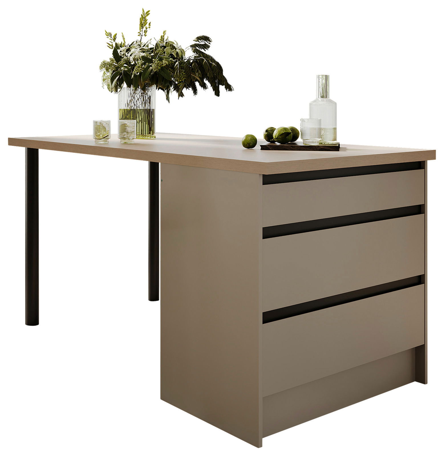 Moderne Kücheninsel mit drei Schubladen, dekoriert mit Pflanzen und Gläsern, seitliche Perspektive