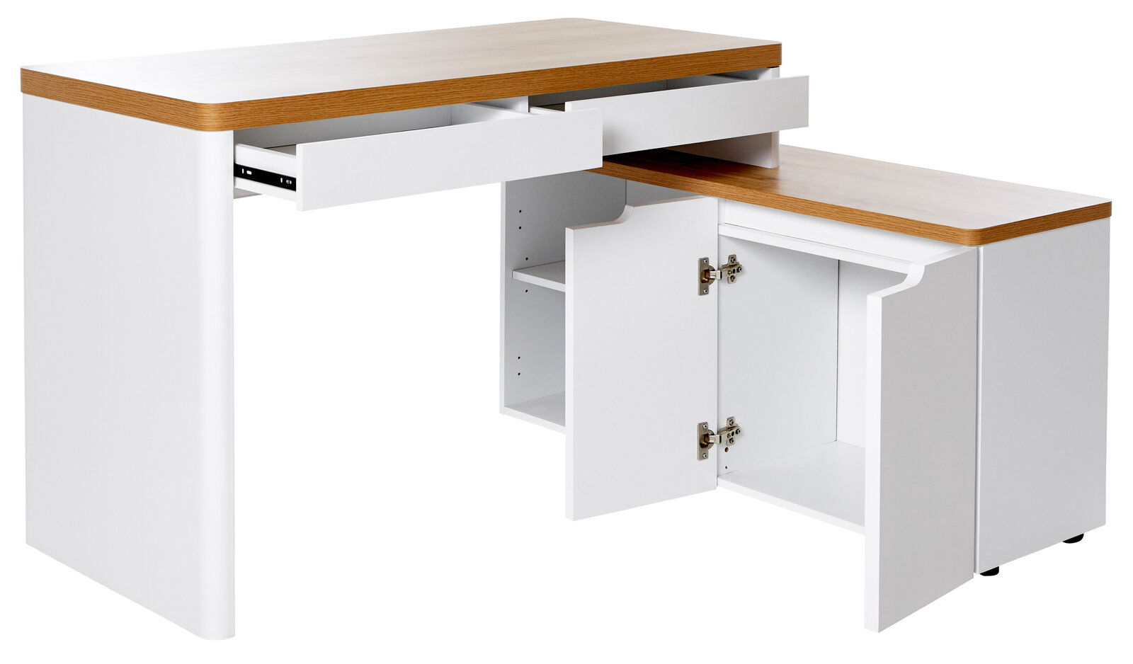 Moderner Eck-Schreibtisch mit weißem Korpus und Holzoberfläche, Schubladen und Schranktüren geöffnet, seitliche Perspektive