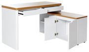 Moderner Eck-Schreibtisch mit weißem Korpus und Holzoberfläche, Schubladen und Schranktüren geöffnet, seitliche Perspektive