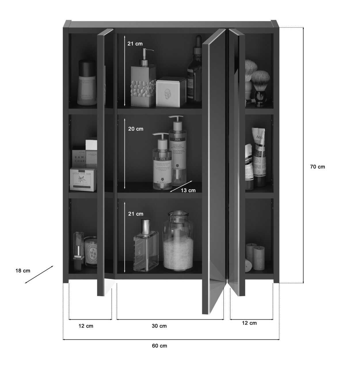 Badezimmerschrank mit offenen Türen, gefüllt mit Pflegeprodukten, aus frontaler Perspektive