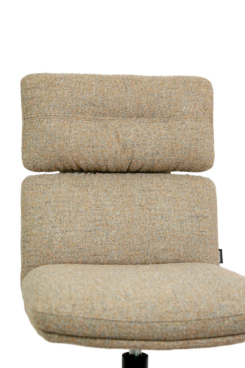 Dieter Knoll Stuhl PABLO Nahaufnahme eines beigen, gepolsterten Stuhls mit Rückenlehne, Vorderansicht