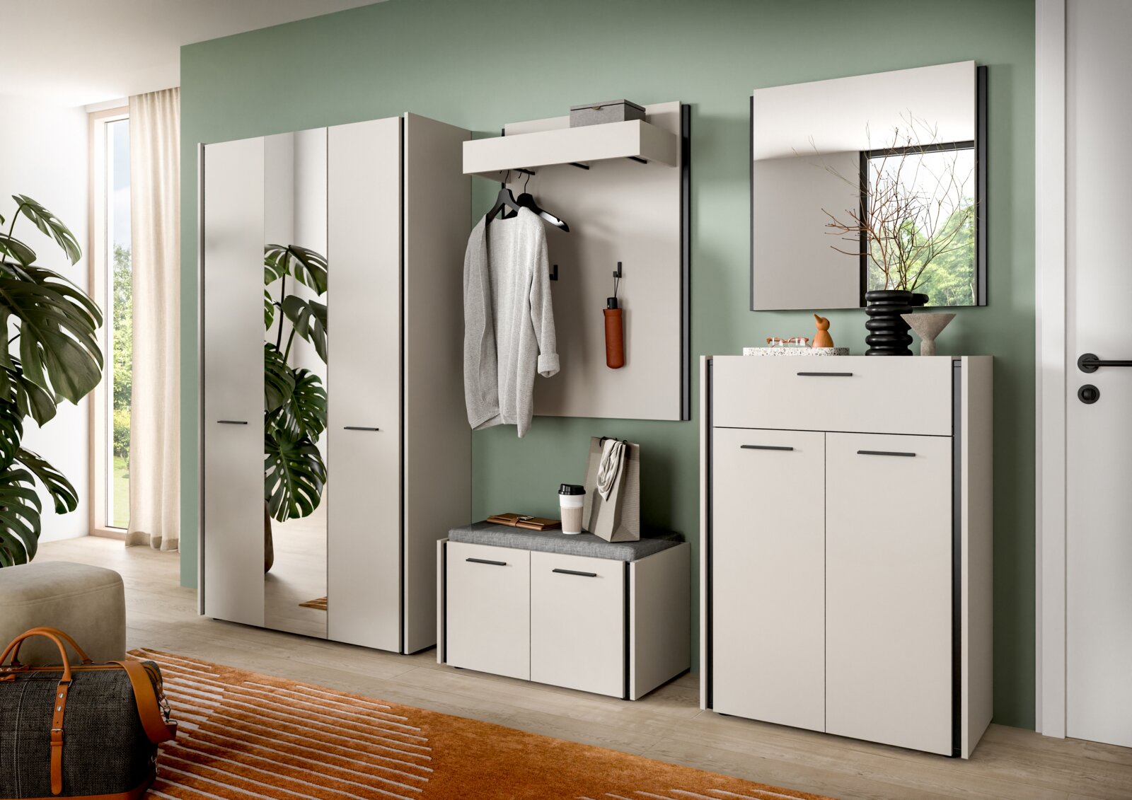 MID.YOU Sitzbank EMIL Moderne Flur-Garderobenmöbel in Weiß mit schwarzem Rahmen: zweitüriger Kleiderschrank mit Spiegeltür, Garderobenpaneel mit Ablage und Haken sowie Sitzbank und Schuhschrank, frontal aus leicht schräger Perspektive im hellen Eingangsbereich