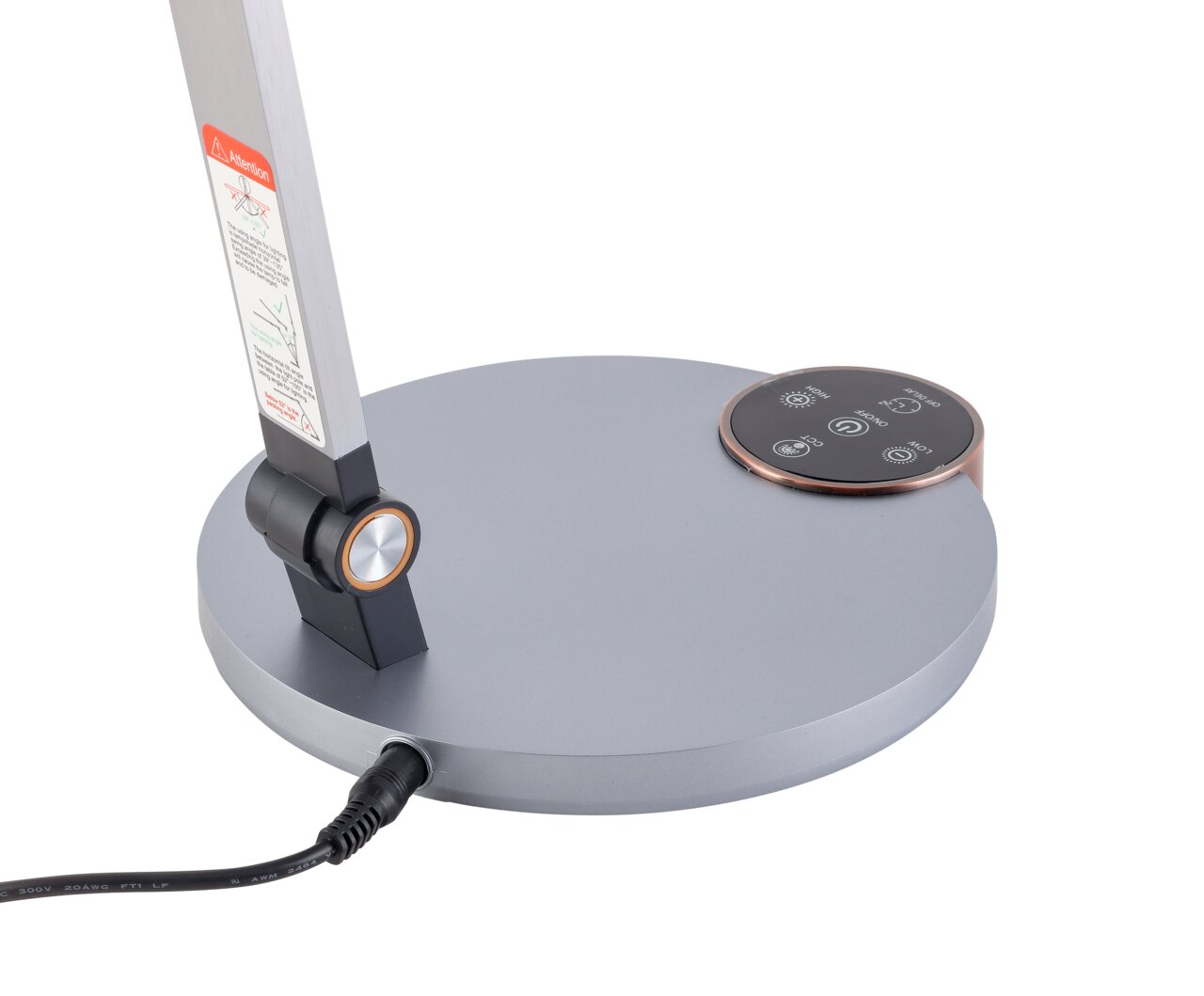 LED-Schreibtischleuchte, Nahaufnahme der Basis mit Touch-Bedienfeld und Stromkabel, seitliche Perspektive