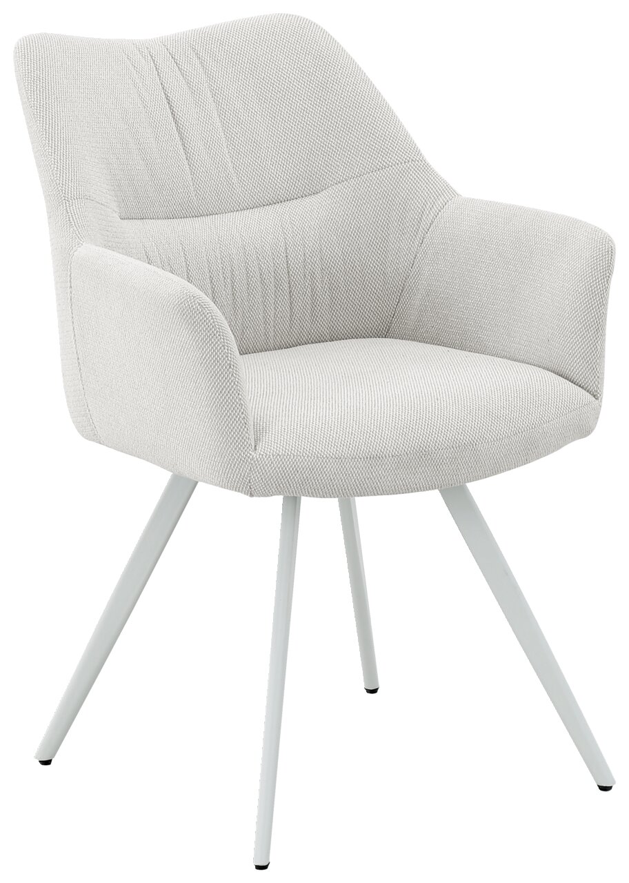 Moderner Armlehnstuhl in hellem Stoff mit vier schrägen Metallbeinen, seitliche Perspektive