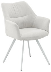 Moderner Armlehnstuhl in hellem Stoff mit vier schrägen Metallbeinen, seitliche Perspektive