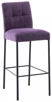 Lila Barhocker mit gepolsterter Rückenlehne und schwarzem Metallgestell, seitliche Perspektive