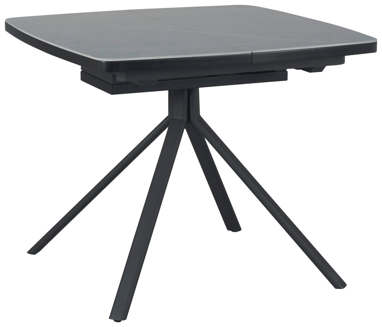 Moderner quadratischer Esstisch mit dunkler Tischplatte und vier schräg gestellten Beinen, seitliche Perspektive