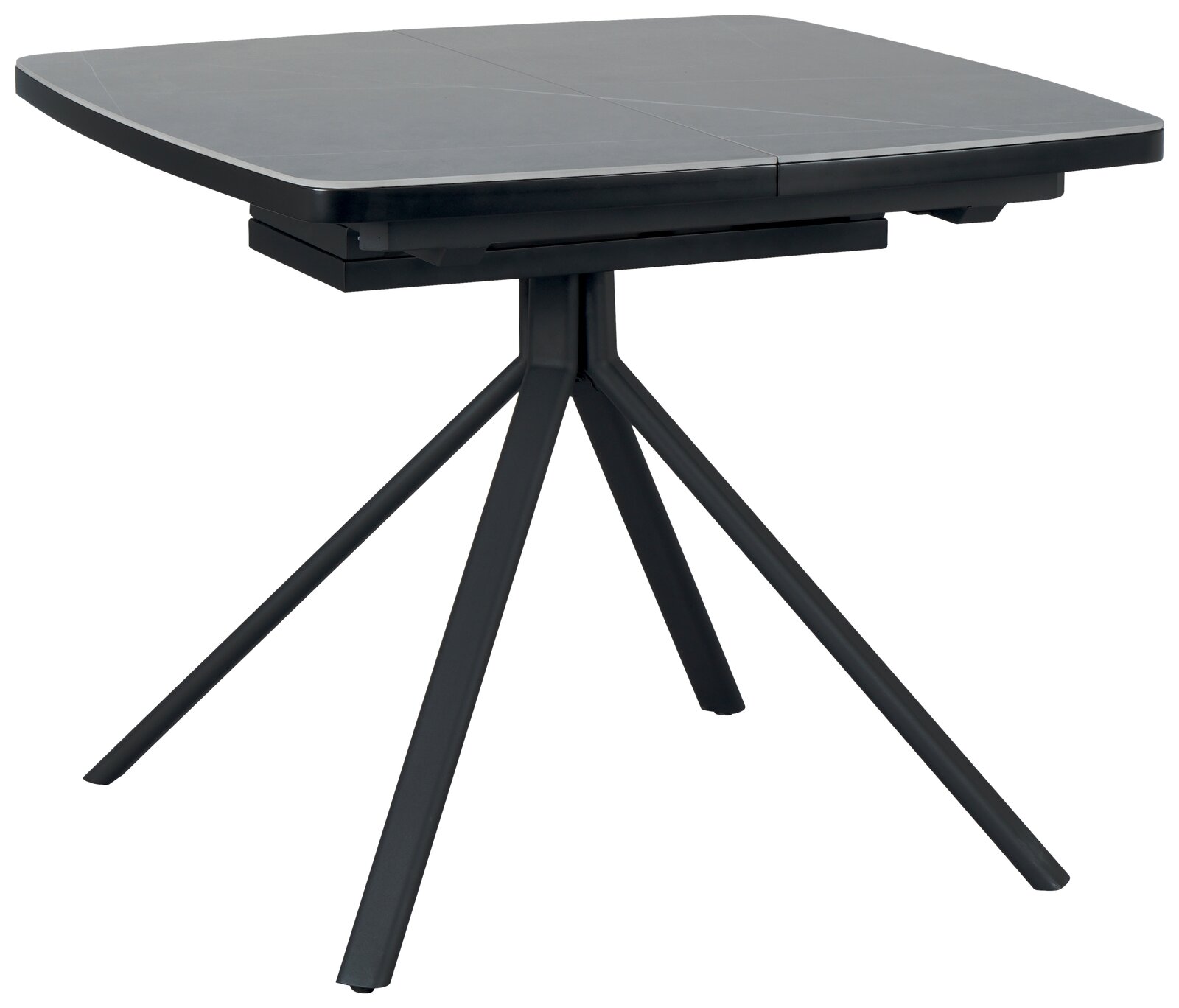 Novel Esstisch ARMANI Moderner quadratischer Esstisch mit dunkler Tischplatte und vier schräg gestellten Beinen, seitliche Perspektive