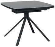 Moderne vierkante eettafel met een donker tafelblad en vier schuin geplaatste poten, zijaanzicht