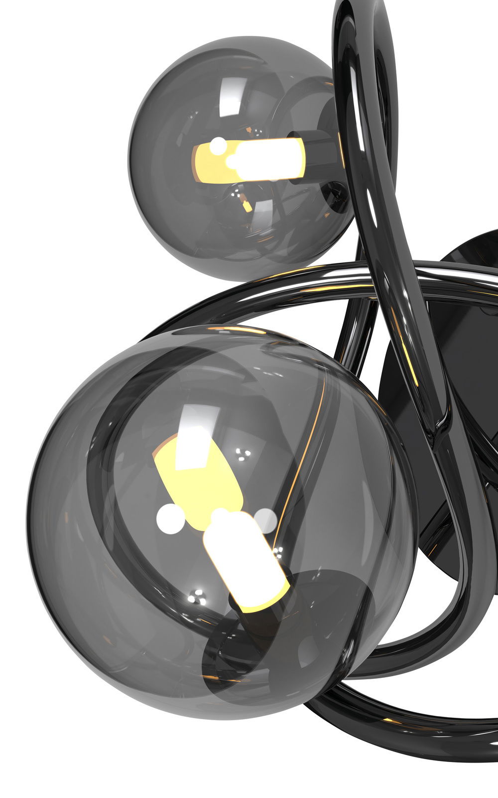 Nahaufnahme einer modernen Wandleuchte mit zwei rauchgrauen Glaskugeln und geschwungenen schwarzen Metallstreben.