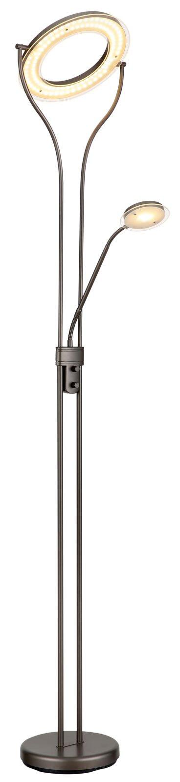 Moderne LED-Deckenfluter-Stehlampe in Dunkelgrau mit ringförmigem Hauptlicht und flexiblem Lesearm, freigestellt auf weißem Hintergrund, Ansicht von vorne leicht seitlich