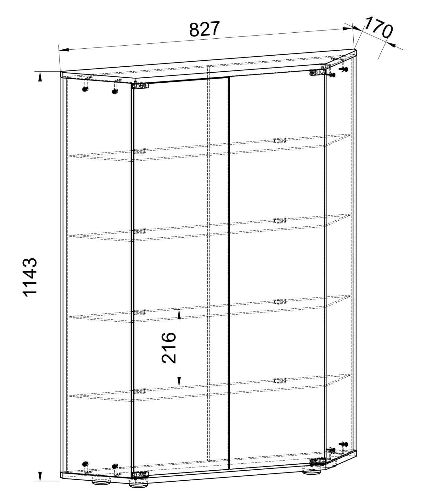 Technische Strichzeichnung eines zweitürigen Schranks mit Einlegeböden und Maßangaben (Breite 827 mm, Tiefe 170 mm, Höhe 1143 mm), dargestellt in leichter Front-/Schrägansicht.