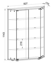 Technische Strichzeichnung eines zweitürigen Schranks mit Einlegeböden und Maßangaben (Breite 827 mm, Tiefe 170 mm, Höhe 1143 mm), dargestellt in leichter Front-/Schrägansicht.
