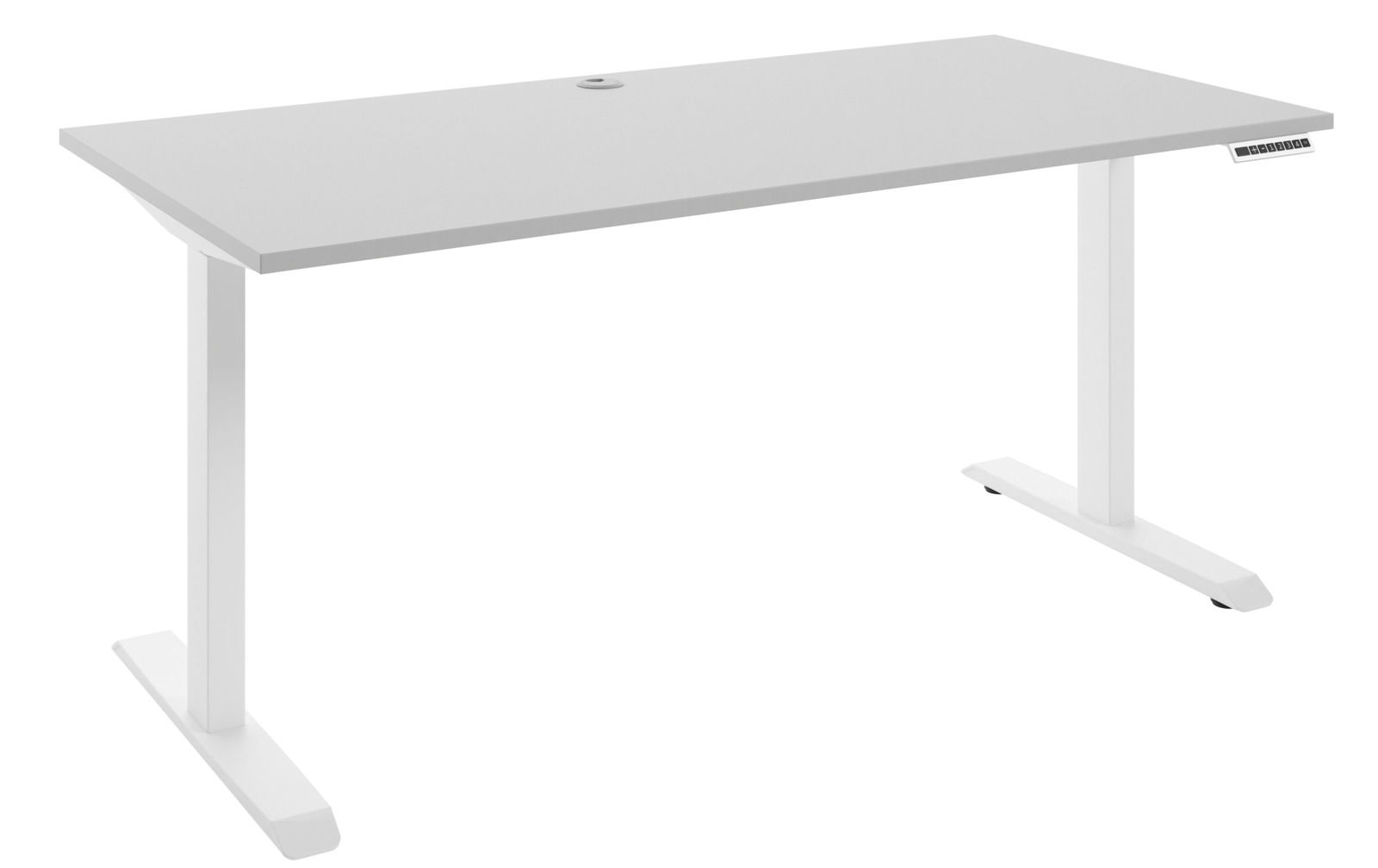 Moderner weißer E-Schreibtisch mit rechteckiger Tischplatte und höhenverstellbaren Beinen, seitliche Perspektive