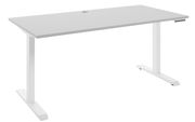 Moderner weißer E-Schreibtisch mit rechteckiger Tischplatte und höhenverstellbaren Beinen, seitliche Perspektive