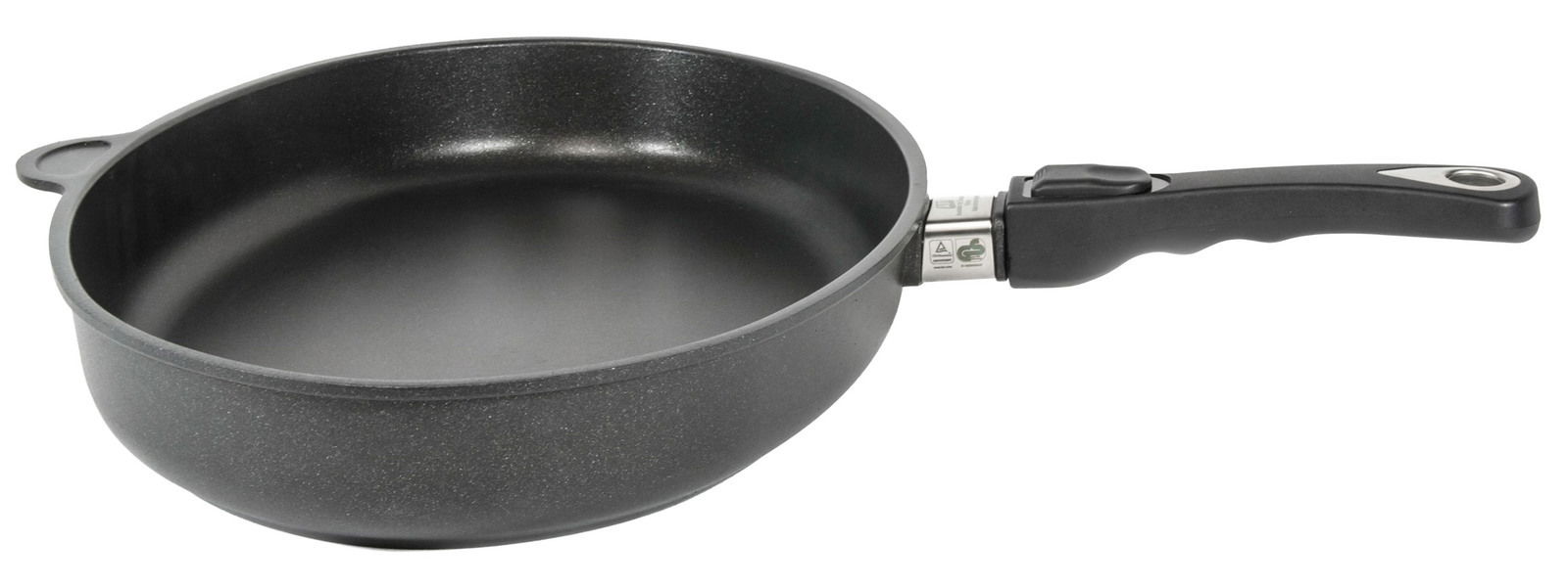 Schwarze Fischpfanne mit abnehmbarem Griff, seitliche Perspektive