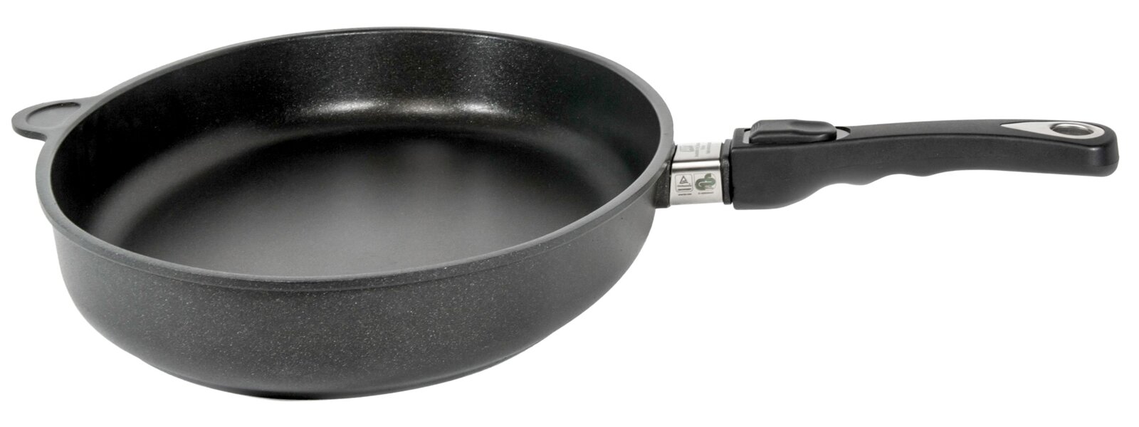 AMT Visbak Ø27 cm Schwarze Fischpfanne mit abnehmbarem Griff, seitliche Perspektive