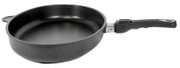Schwarze Fischpfanne mit abnehmbarem Griff, seitliche Perspektive