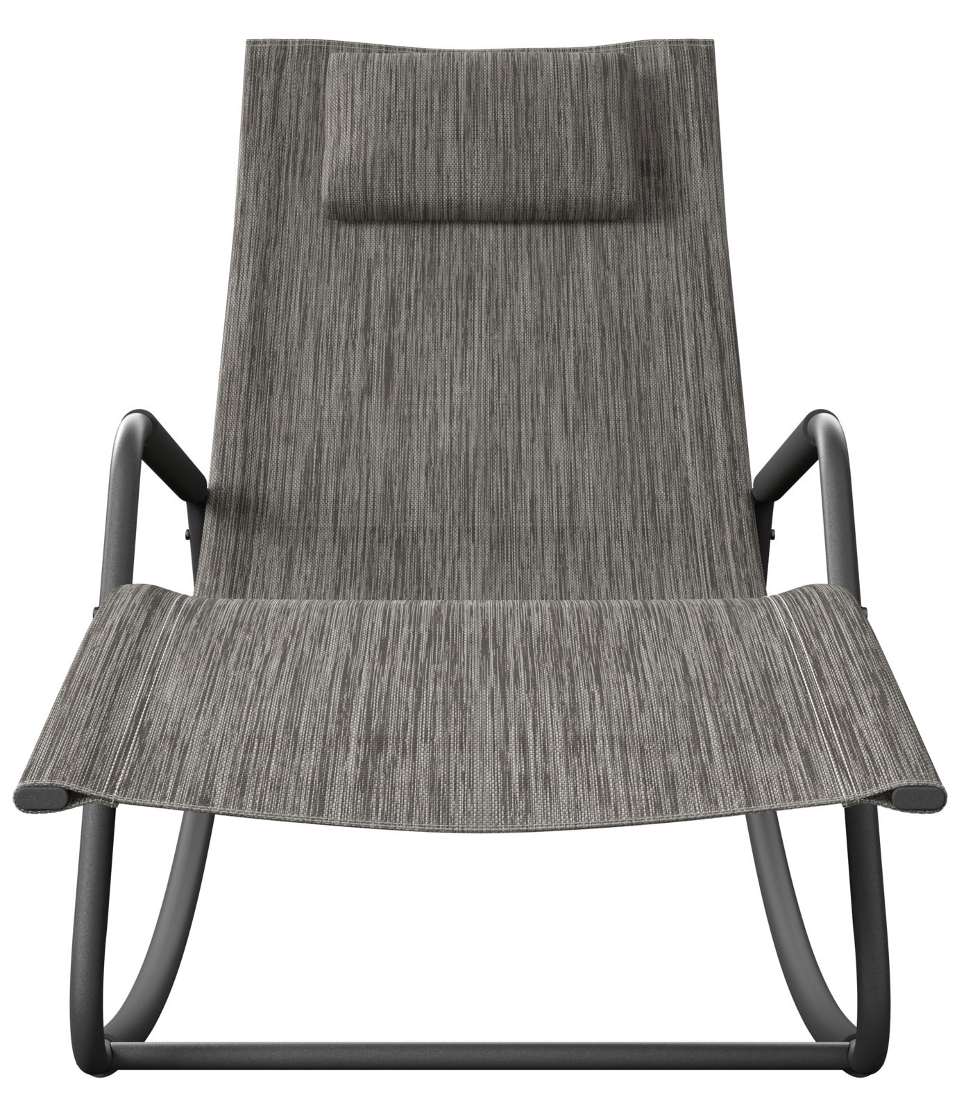 Frontansicht einer modernen Schaukelliege mit grauem Stoffbezug und schwarzem Metallrahmen.