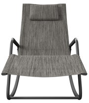 Frontansicht einer modernen Schaukelliege mit grauem Stoffbezug und schwarzem Metallrahmen.