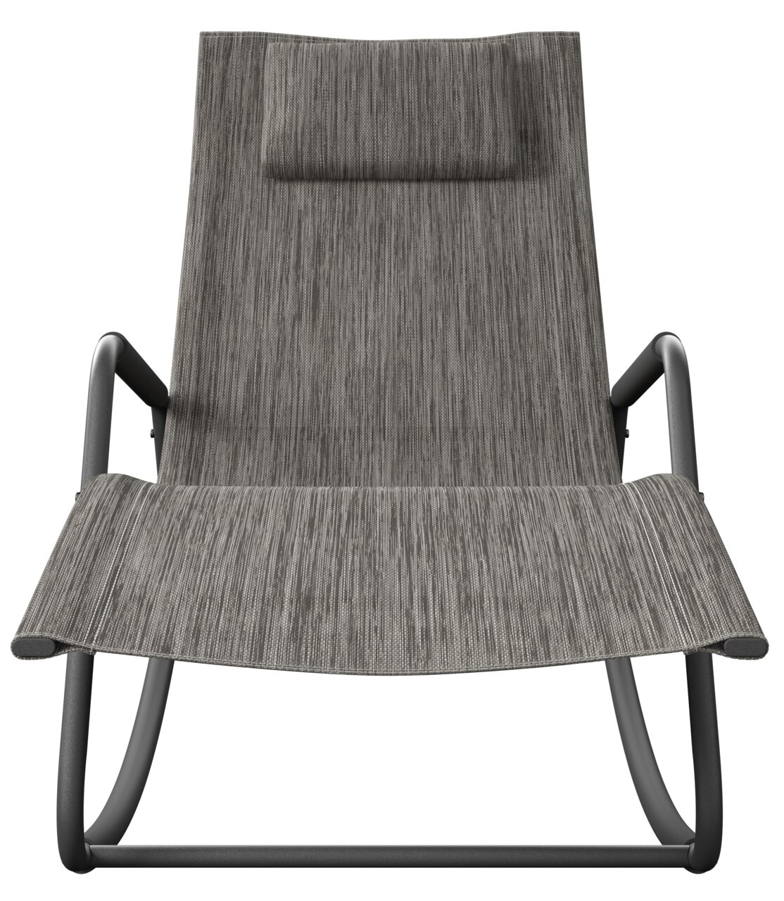 Frontansicht einer modernen Schaukelliege mit grauem Stoffbezug und schwarzem Metallrahmen.