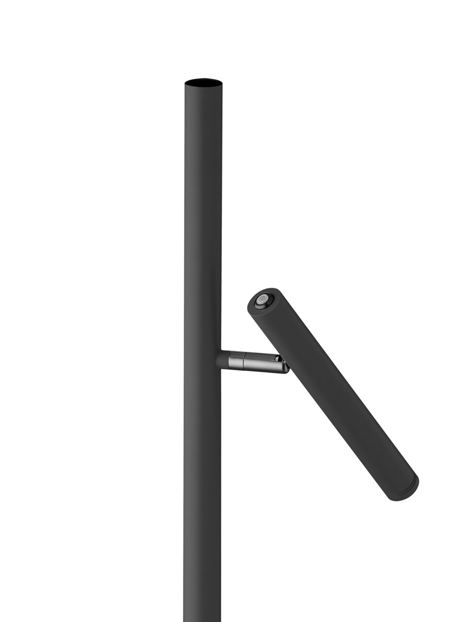 Close-up van een moderne, zwarte STREAK-staande lamp op accu met verstelbare arm.