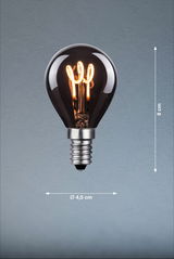 Elegante Glühbirne mit E14-Sockel, 8 cm hoch und 4,5 cm im Durchmesser, frontal abgebildet.