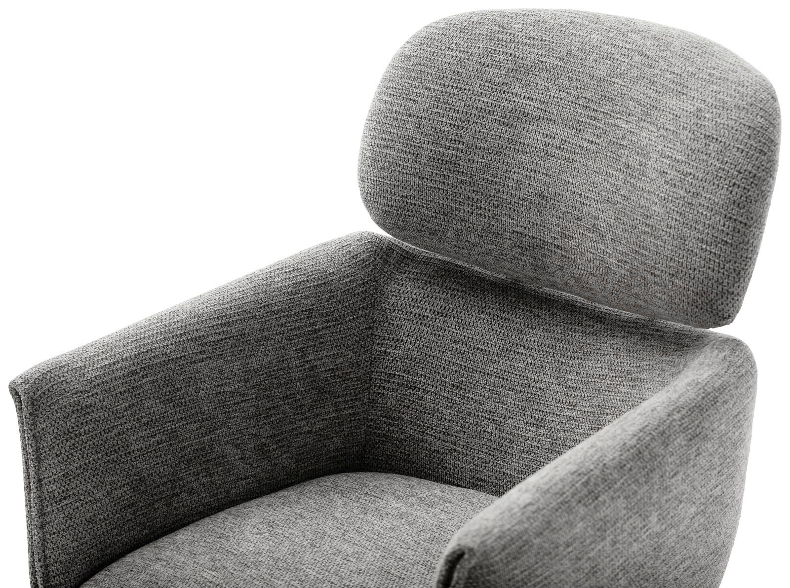 Grauer Sessel mit hoher Rückenlehne und Armlehnen, seitliche Perspektive