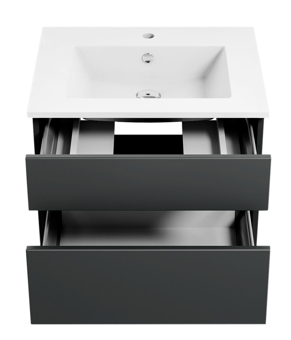 Moderne Badkombination mit weißem Waschbecken und zwei offenen Schubladen, Frontalansicht