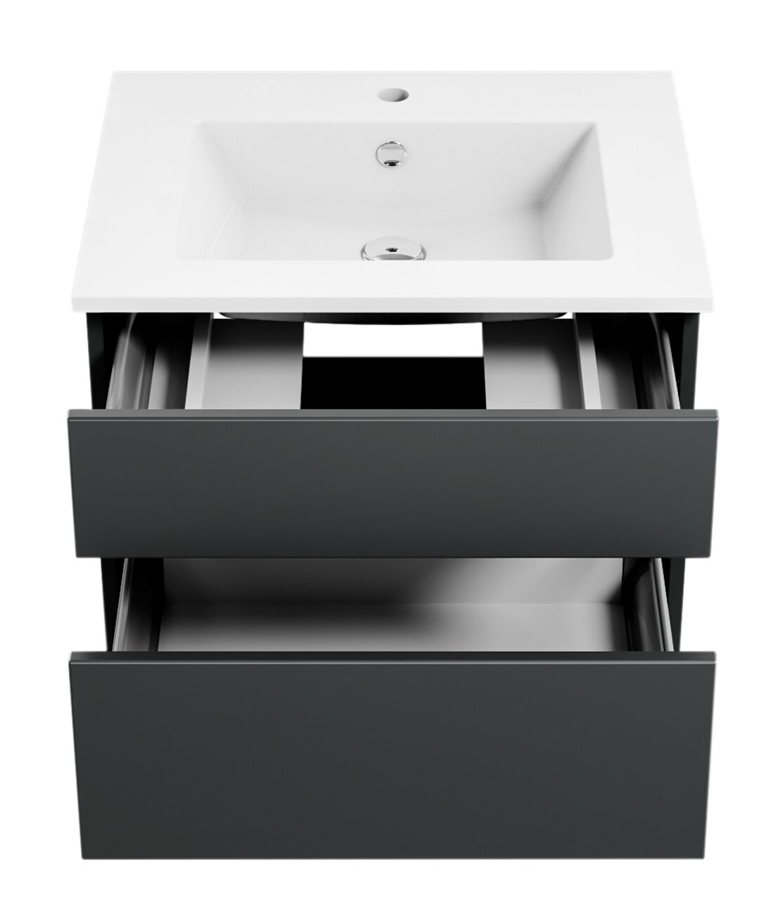 Moderne Badkombination mit weißem Waschbecken und zwei offenen Schubladen, Frontalansicht
