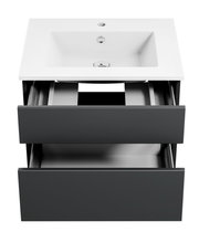 Moderne Badkombination mit weißem Waschbecken und zwei offenen Schubladen, Frontalansicht