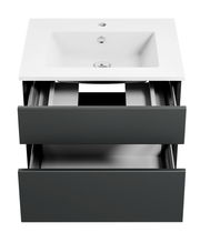 Moderne Badkombination mit weißem Waschbecken und zwei offenen Schubladen, Frontalansicht