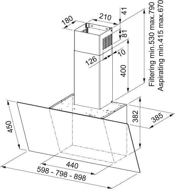 Technische Zeichnung einer Kopffrei-Haube mit Abmessungen, seitliche Perspektive