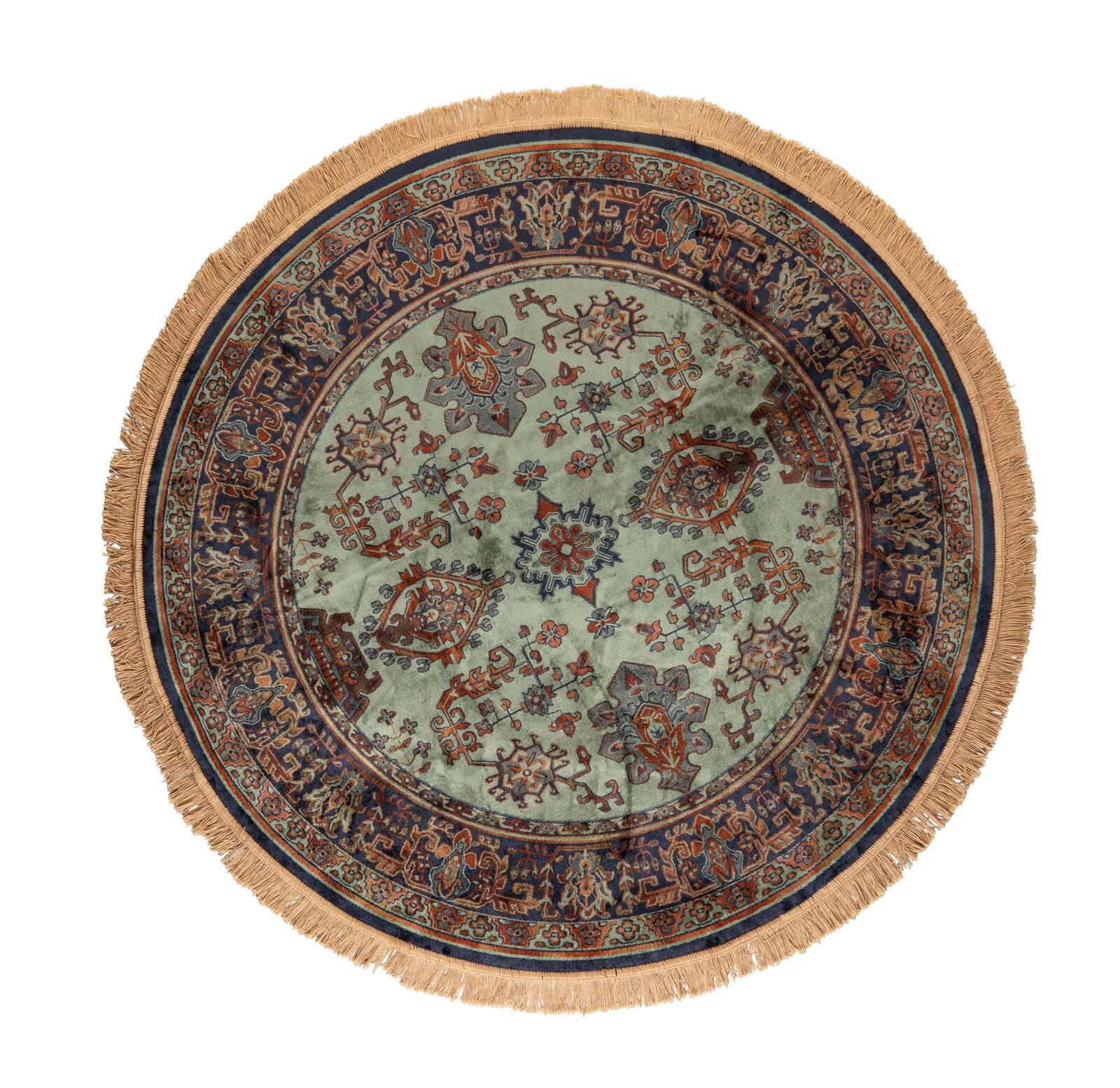 Z2 Teppich RAZ Runder Teppich mit orientalischem Muster in Grün- und Blautönen, Fransen am Rand, Draufsicht