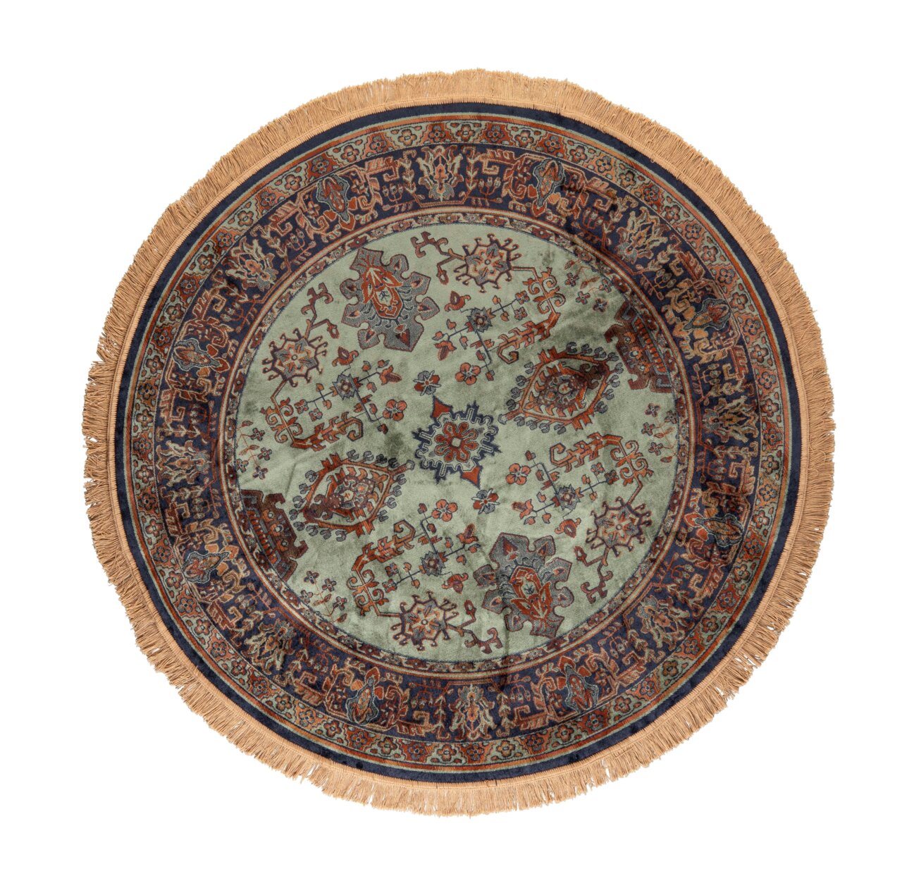 Runder Teppich mit orientalischem Muster in Grün- und Blautönen, Fransen am Rand, Draufsicht