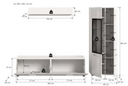 Maßgrafik eines weißen Wohnwand-Sets mit Hängeschrank (110×20×10 cm), Lowboard (160×41×40 cm) und Vitrine (60×160×34 cm) inklusive Fachhöhen und Belastungsangaben, dargestellt in Frontansicht mit leicht perspektivischer Seitenansicht der Vitrine