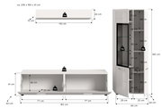 Maßgrafik eines weißen Wohnwand-Sets mit Hängeschrank (110×20×10 cm), Lowboard (160×41×40 cm) und Vitrine (60×160×34 cm) inklusive Fachhöhen und Belastungsangaben, dargestellt in Frontansicht mit leicht perspektivischer Seitenansicht der Vitrine