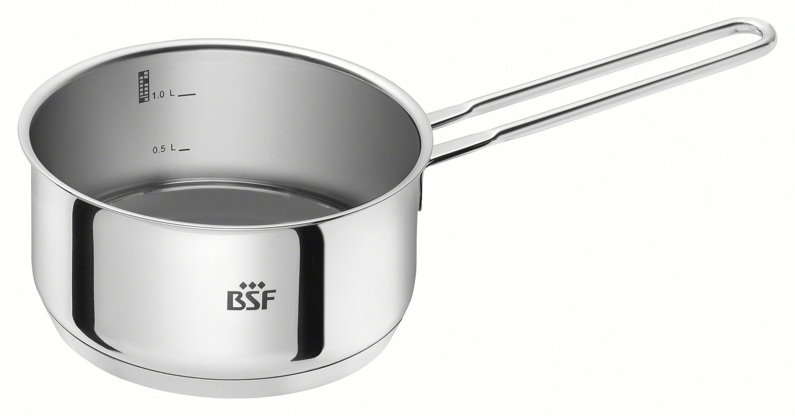BSF Topfset 5-tlg. BORDEAUX Edelstahl-Stielkasserolle mit Messskala und langem Griff, seitliche Ansicht
