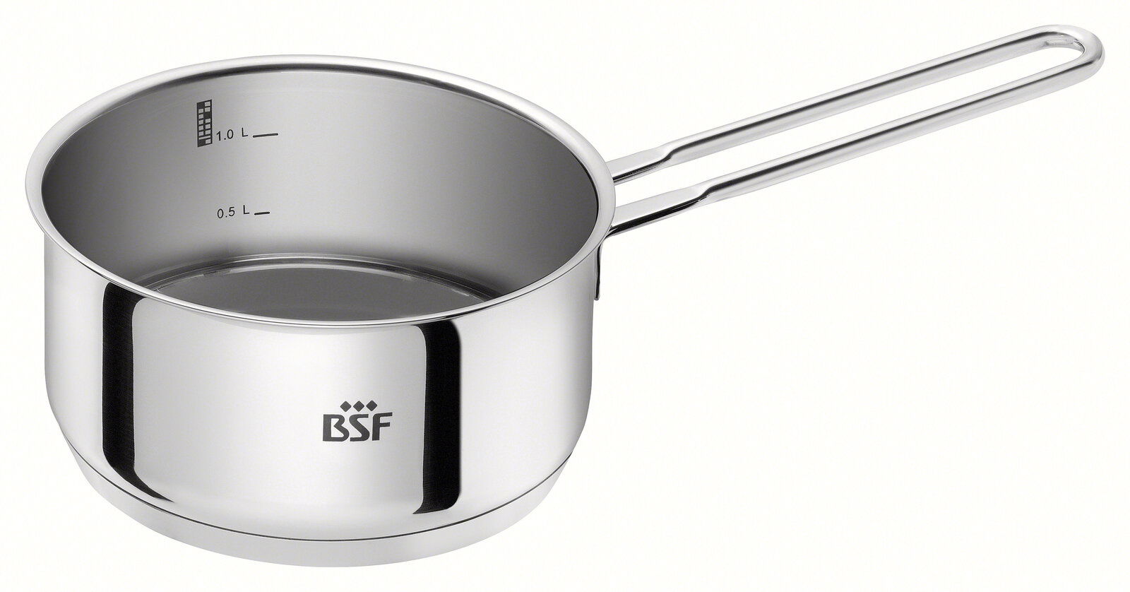 Edelstahl-Stielkasserolle mit Messskala und langem Griff, seitliche Ansicht