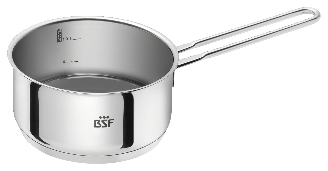 Edelstahl-Stielkasserolle mit Messskala und langem Griff, seitliche Ansicht