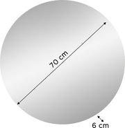 Runde, graue Tischplatte mit Maßangaben (Durchmesser 70 cm, Stärke 6 cm), Draufsicht von oben