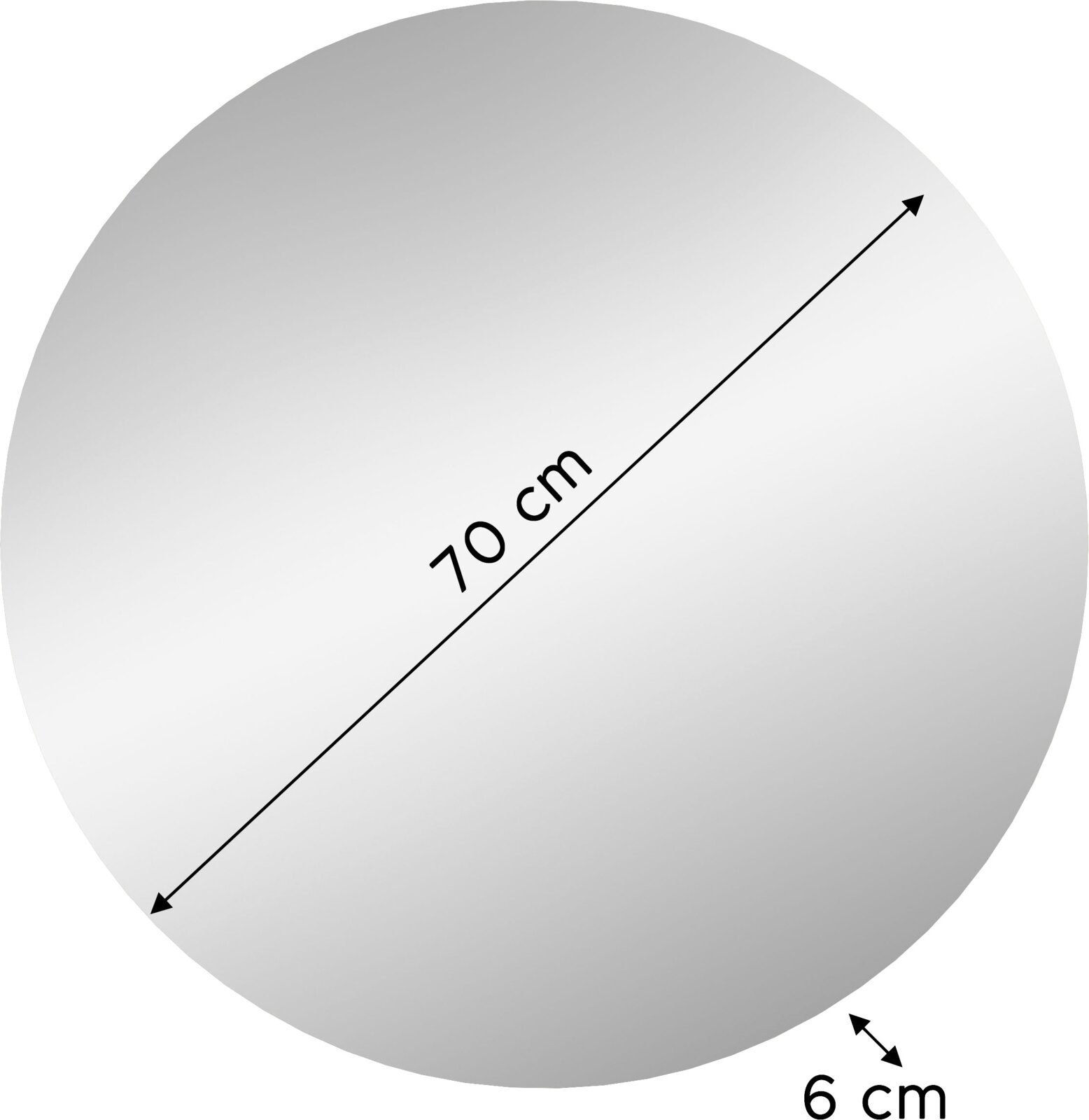 Runde, graue Tischplatte mit Maßangaben (Durchmesser 70 cm, Stärke 6 cm), Draufsicht von oben