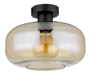 Moderne Deckenleuchte mit schwarzer Halterung und transparentem, leicht getöntem Glasschirm, seitliche Perspektive