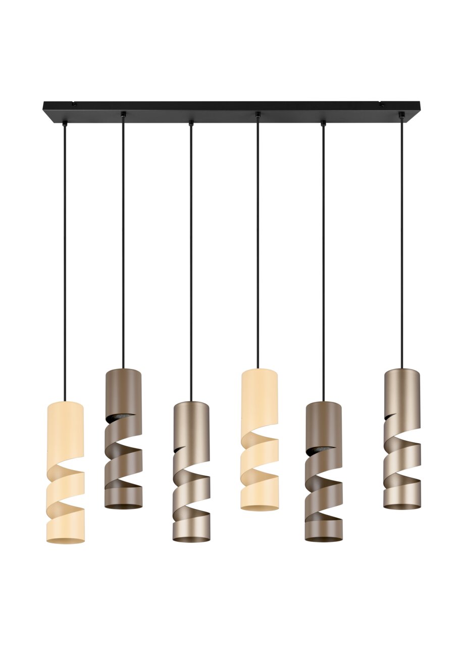 Moderne Pendelleuchte Stream mit sechs spiralförmigen Lampenschirmen in verschiedenen Farben, von vorne betrachtet.