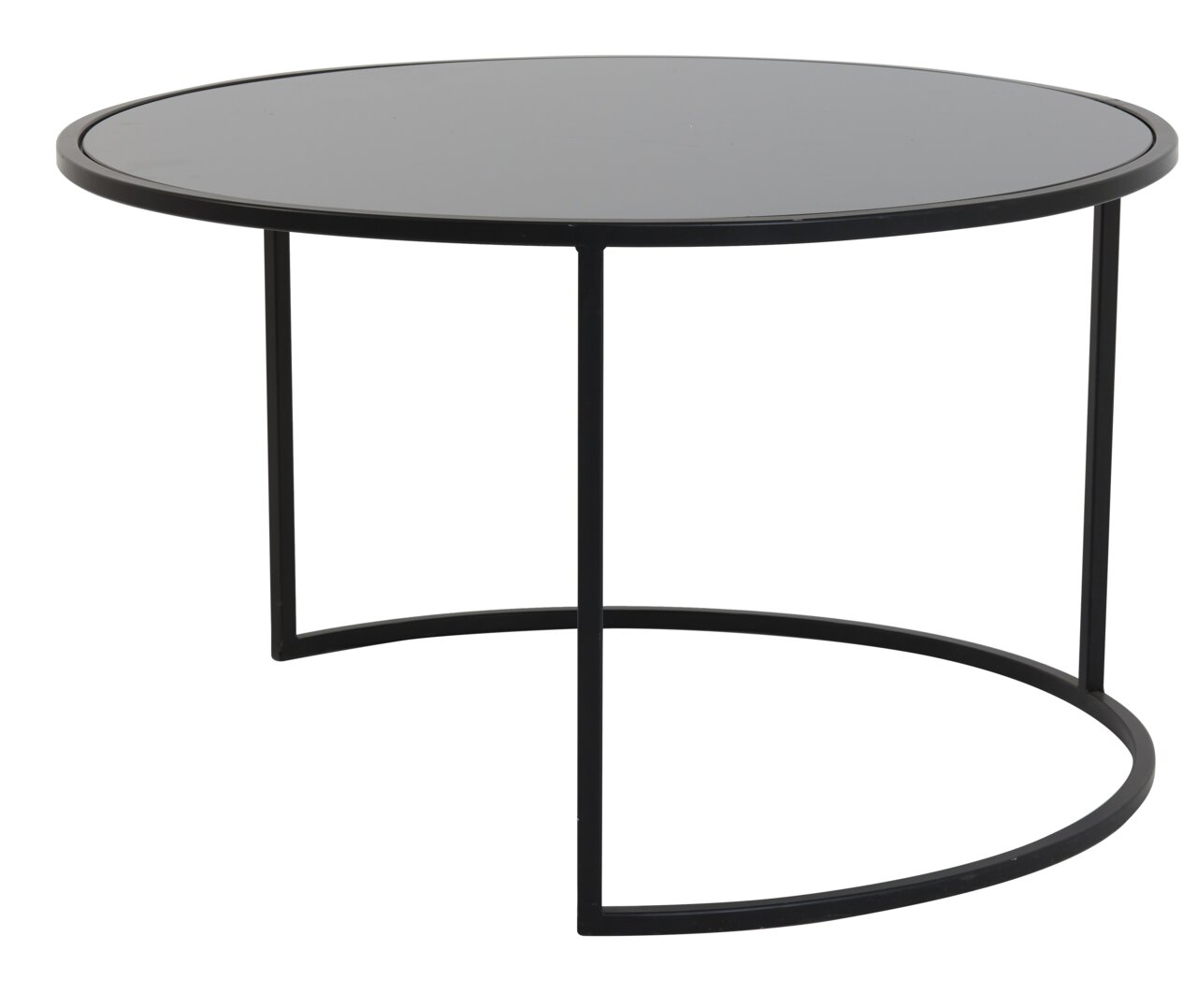 Moderner runder Couchtisch mit schwarzer Glasplatte und Metallgestell, seitliche Perspektive