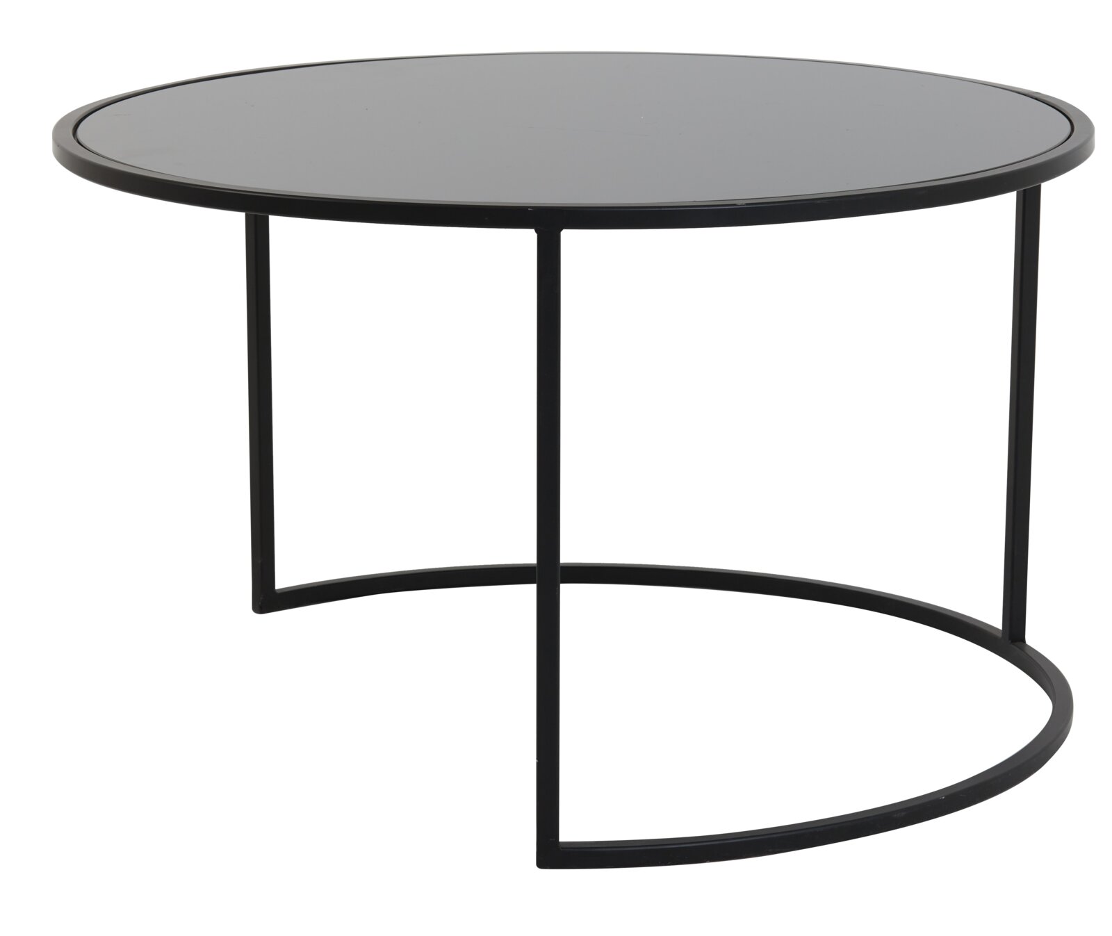 Moderne ronde salontafel met zwart glazen blad en metalen onderstel, zijaanzicht