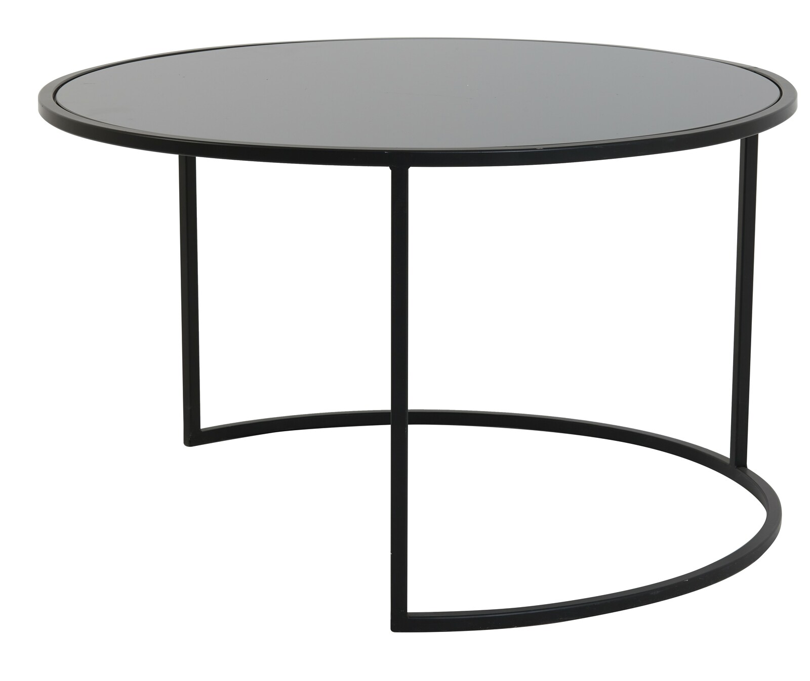 Moderner runder Couchtisch mit schwarzer Glasplatte und Metallgestell, seitliche Perspektive