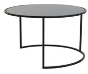 Moderner runder Couchtisch mit schwarzer Glasplatte und Metallgestell, seitliche Perspektive